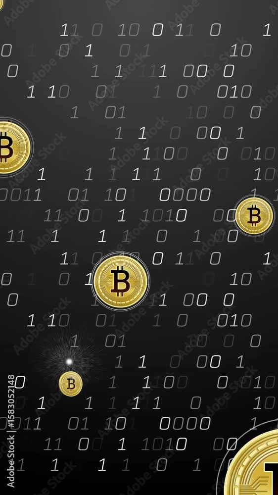 Poster bitcoin symbols with binary code animation over dark background