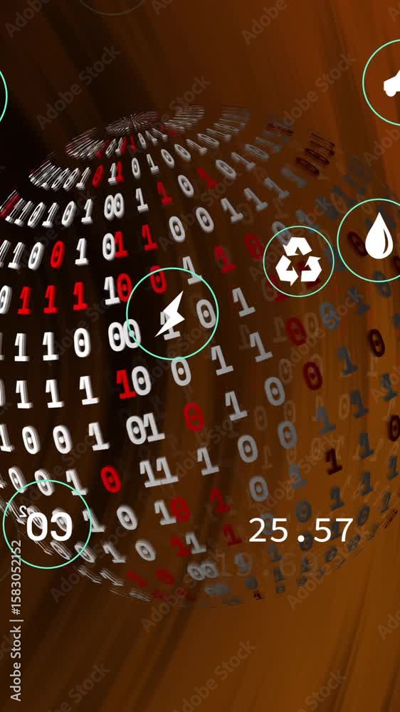 Poster Binary code sphere with various icons and numbers, data processing animation