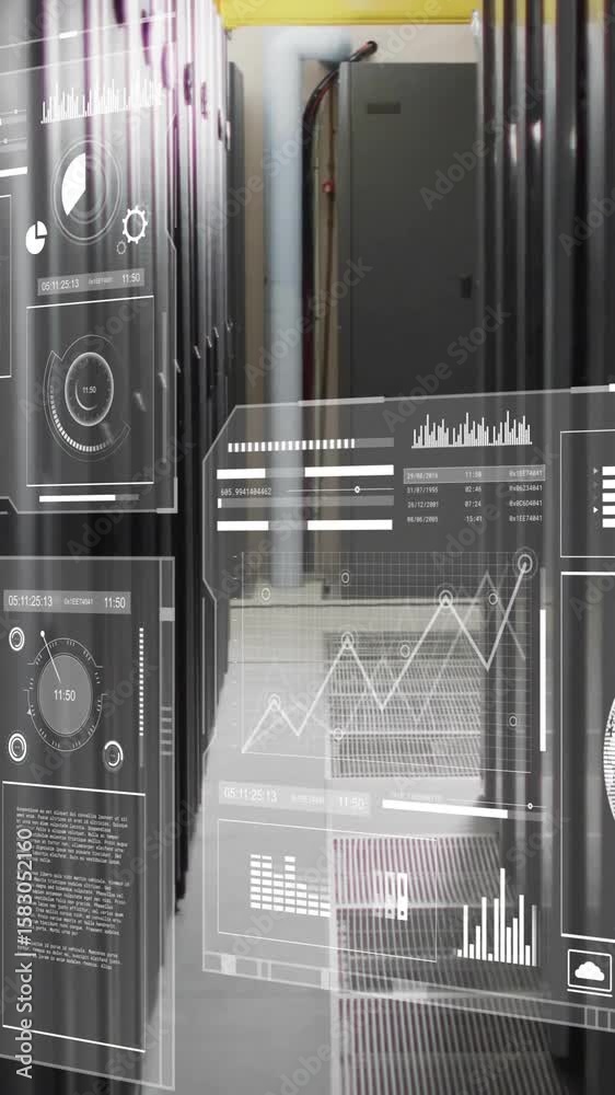 Wall mural data analytics and global statistics animation over server room background