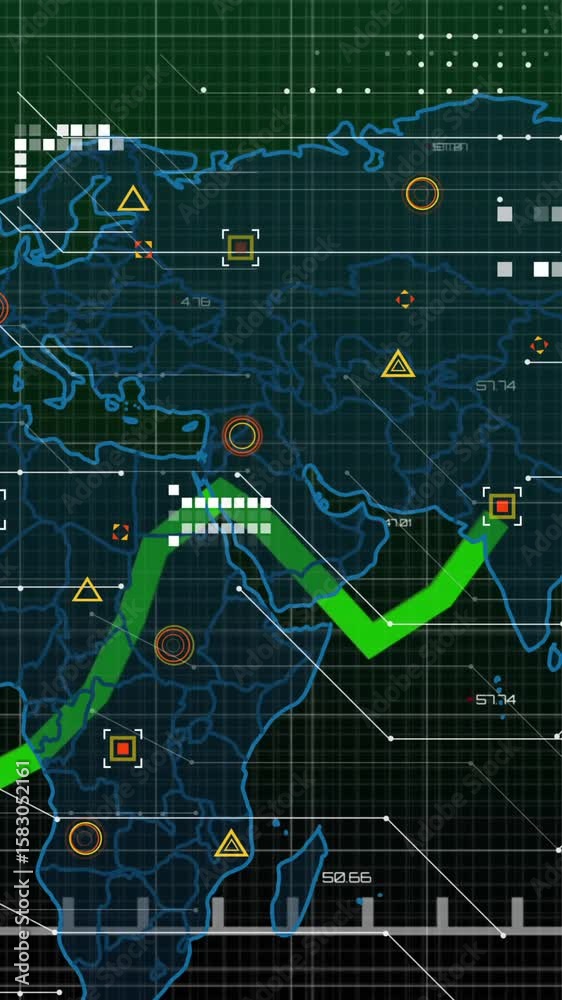Poster green line graph animation over world map with data points and grid