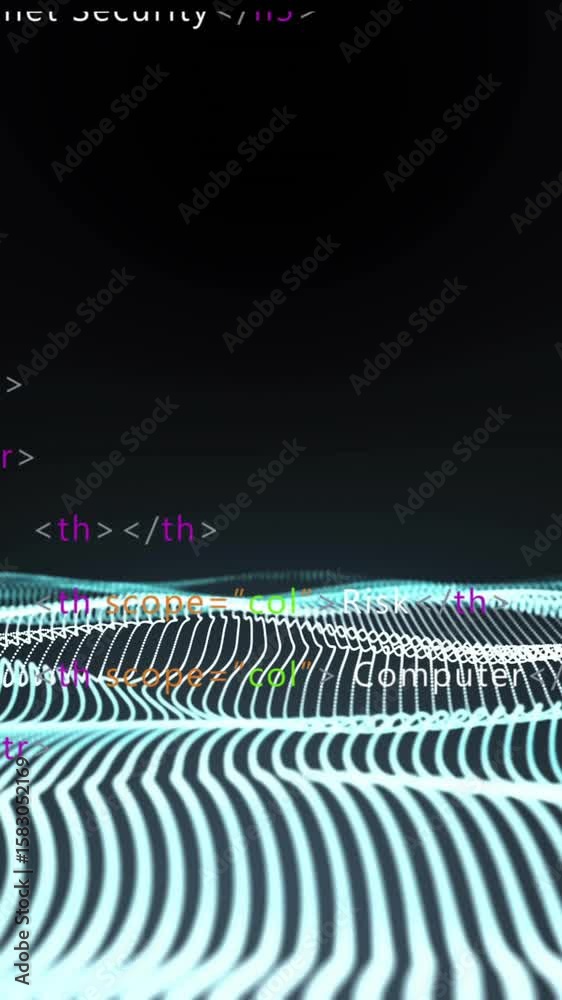 Aufkleber HTML code animation over undulating grid lines on dark background