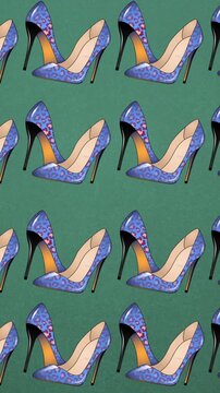 Animation of blue high heels repeated on green backgroud