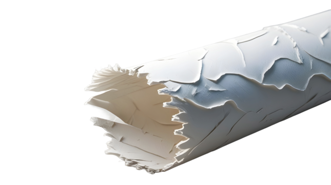 High-contrast, studio-lit image of a torn paper edge with realistic texture, soft curl, and nuanced shadows, isolated on a transparent background for easy digital integration.
