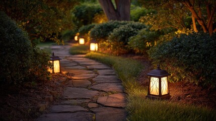 Ultra quality image of solar lanterns illuminate stone garden path at night. Warm lights along pathway through green bushes, trees. Night photography for landscaping, home decor.