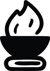 Simple black and white icon of a bowl containing a stylized flame or abstract shape with two smaller elements