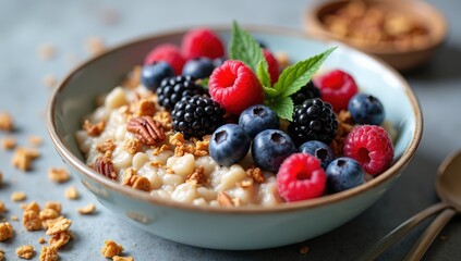 Healthy oatmeal breakfast bowl topped with fresh mixed berries, granola, and pecans for a nutritious start to the day.