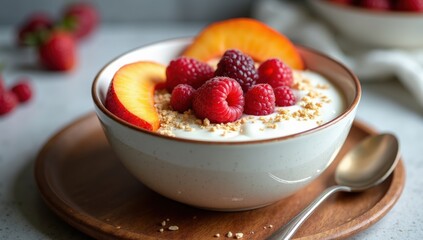 Healthy yogurt bowl topped with fresh raspberries, blackberries, and peach slices, sprinkled with granola, a nutritious breakfast.