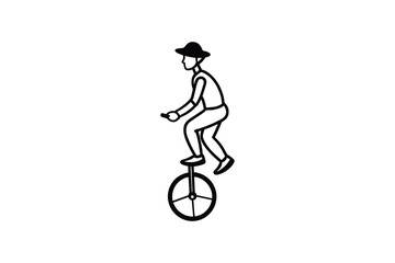 Unicyclist with Hat Riding on One Wheel Balancing Act in Black and White Circus Performer Silhouette person hat rides unicycle depicted simple