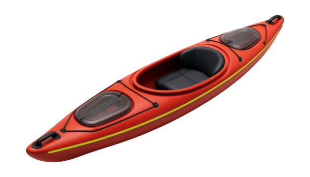 Rescue kayak with bright red hull and visible gear storage compartments