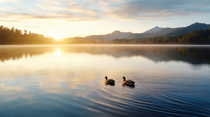 Serene lake at sunrise with ducks gliding peacefully across water surface