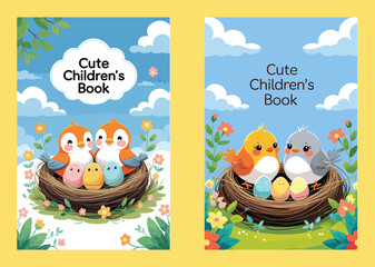 Fototapeta premium Sweet Cartoon Birds with Eggs in Nest for Children’s Story Illustration Cover 