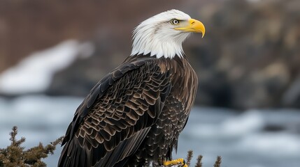 A majestic bald eagle perched with focused gaze, showcasing its white head, brown feathers, and powerful presence