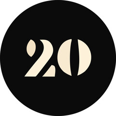 Minimalist graphic design featuring the bold number twenty in a cream color against a textured black circular background