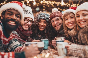 Group of friends wearing Christmas hats and cheerful expressions, holding mugs of hot cocoa around a decorated table, festive atmosphere