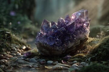 Mystic Amethyst Cluster: An enchanting image showcases a raw amethyst cluster, its radiant facets glistening amidst a serene woodland setting, evoking a sense of natural wonder.