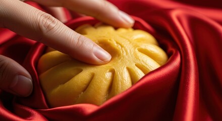 Hand touching yellow steamed bun nestled in red satin fabric
