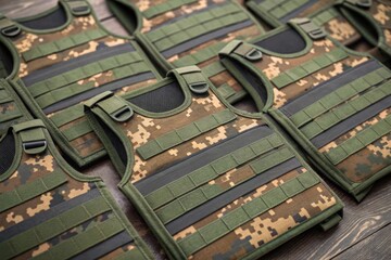 Military Tactical Vests in Camouflage Pattern on Wooden Surface for Outdoor Use
