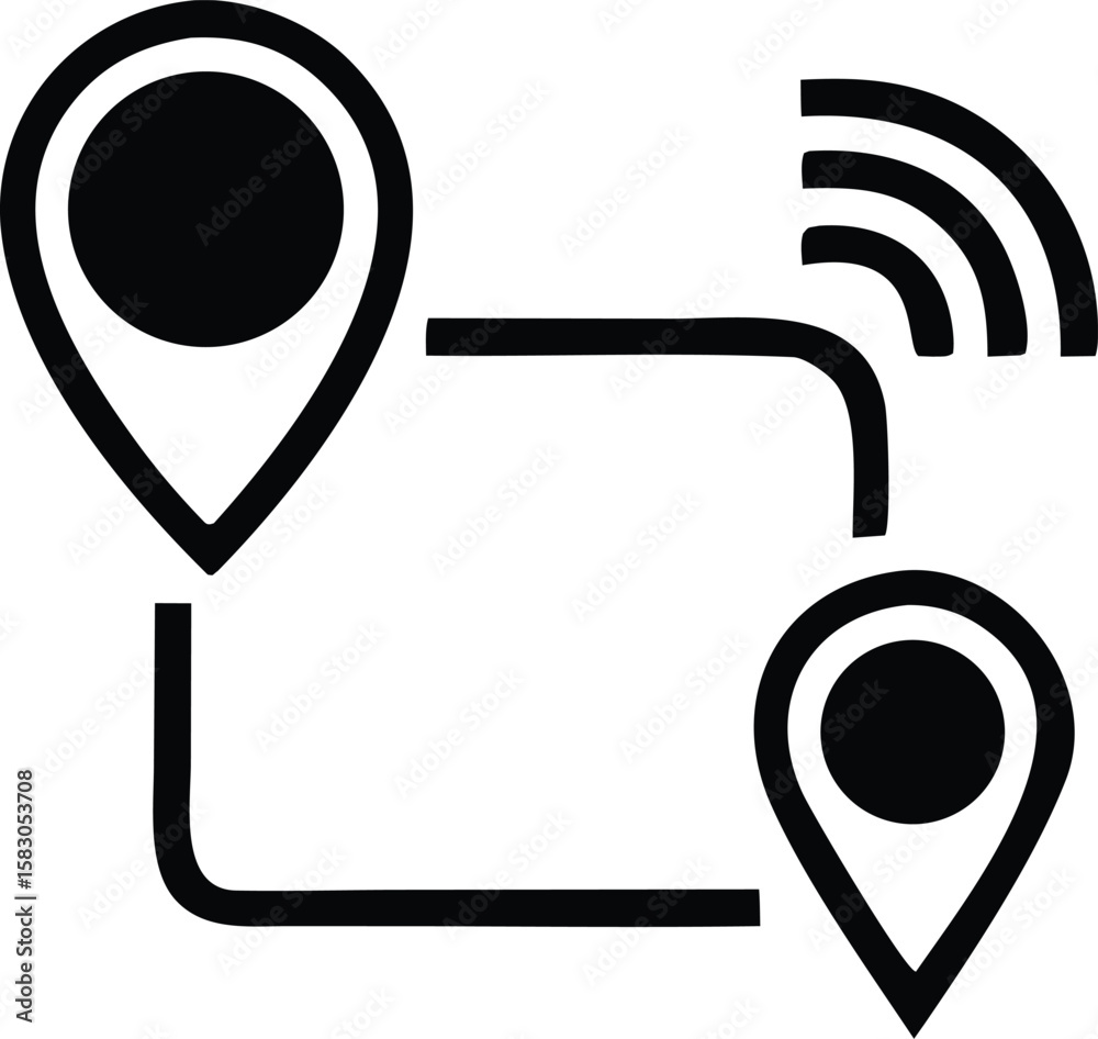 Poster two location pointers connected by a line with wireless signals indicating a digital journey or navi