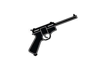 Classic Luger Pistol Silhouette Illustration on White Background Featuring a Black Silhouette of a Firearm with a Long Barrel and Distinctive Design silhouette