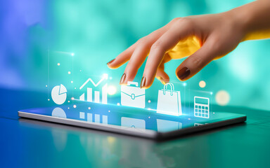 Hand Interacting With Digital Business Icons tablet
