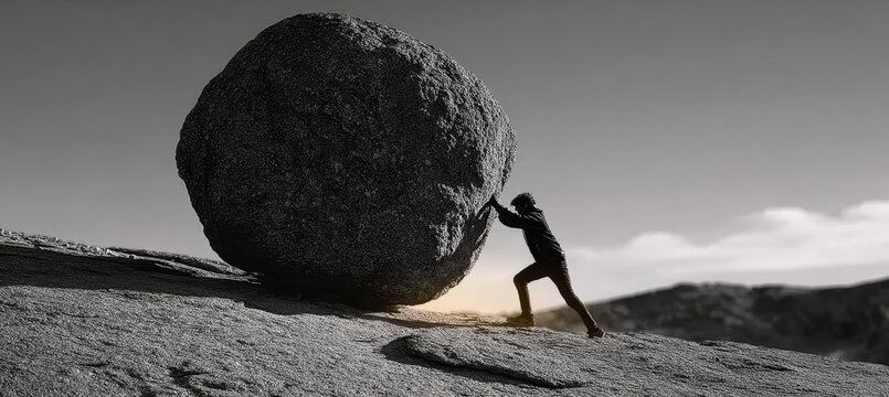Silhouetted Figure Displaying Unwavering Determination While Rolling a Stone Uphill Against Gravity