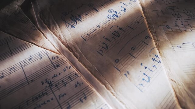Handwritten music sheet composition arrangement on aged score sheet SLIDE shot