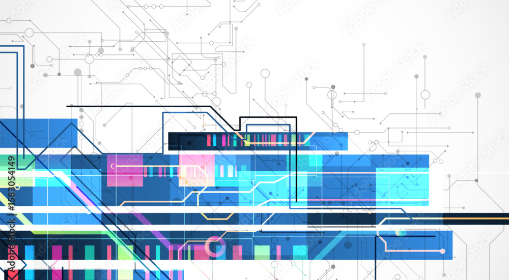 Wall mural technological background with colorful squares glowing on a blue gradient. vector.