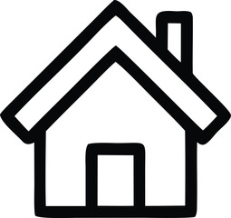 Simple black outline drawing of a house with a chimney and doorway against a white background