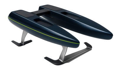 Twin-hulled speed catamaran with sleek hydrofoil supports