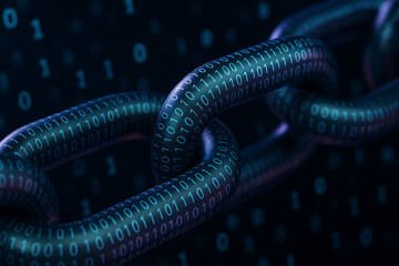 blockchain, encrypted chain, 3D render of metallic chain links coated with glowing binary code, symbolizing secure digital encryption, blockchain technology, and data integrity in a connected network
