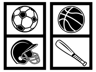 Collection of sports equipment icons featuring soccer ball basketball helmet and baseball bat