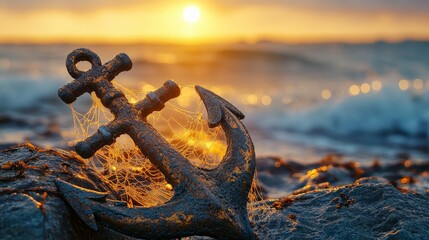 Rusty anchor resting on rocks at sunrise on the beach