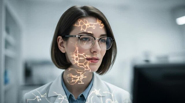 Female Scientist Working in Lab with Holographic Overlay - Powered by Adobe