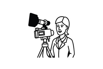 Female Reporter with Television Camera on Tripod Ready to Film a Story in Silhouette Style silhouette woman reporter television camera This image