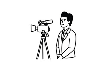 Man in Suit with Video Camera on Tripod Ready to Film a Scene Black and White Silhouette simple black white silhouette illustration