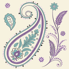 Elegant paisley and floral design in teal and purple with transparent elements on a white background