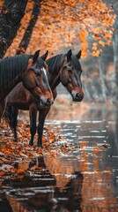 Horses Walking Along a Riverbank in Autumn, Perfect for Nature and Animal Lovers Generative AI