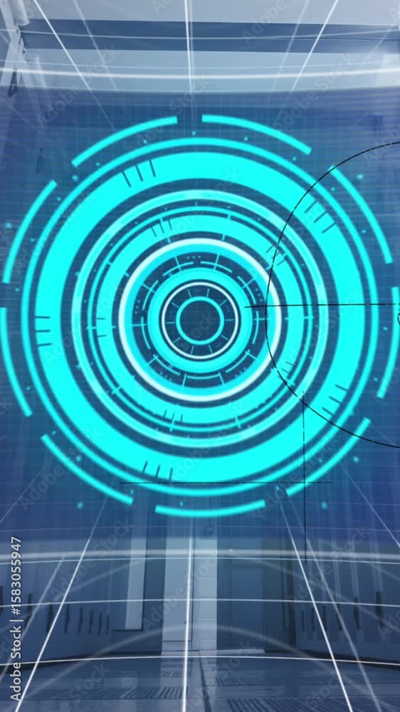Poster animation of screens with data processing and mathematical equations against computer server room