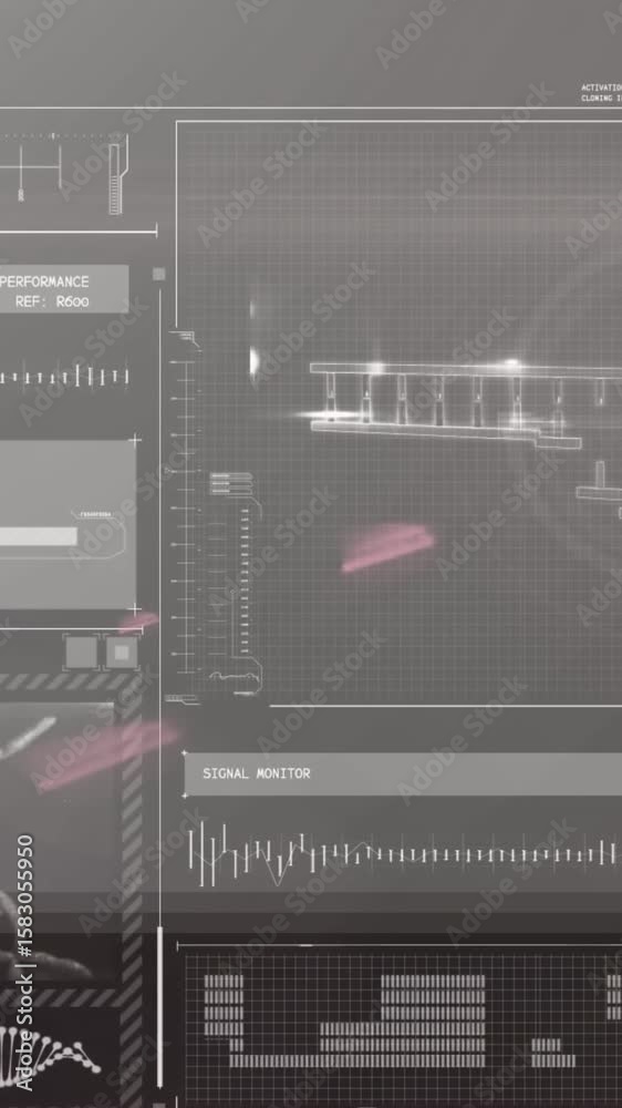 Wall mural animation of interface with medical data processing against light spot on grey background