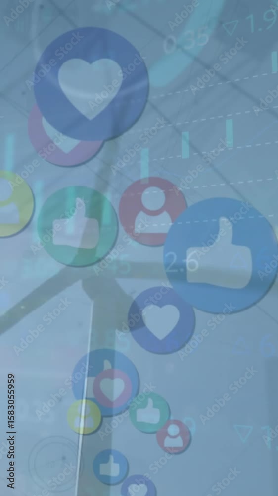 Wall mural animation of media icons over data processing and wind turbine