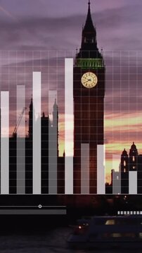 Animation of financial data processing over london cityscape
