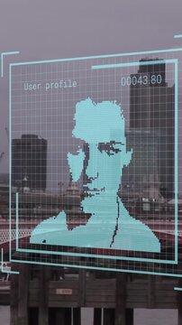 Animation of biometric photo and data processing over london cityscape
