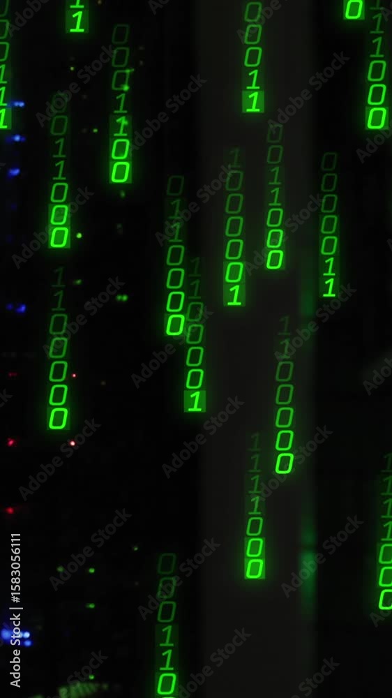 Poster animation of light trails of binary coding falling against computer server room