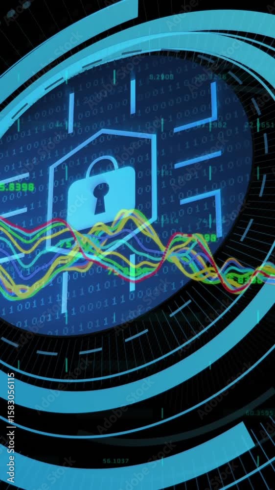 Poster animation of data processing over security padlock on round scanner against black background