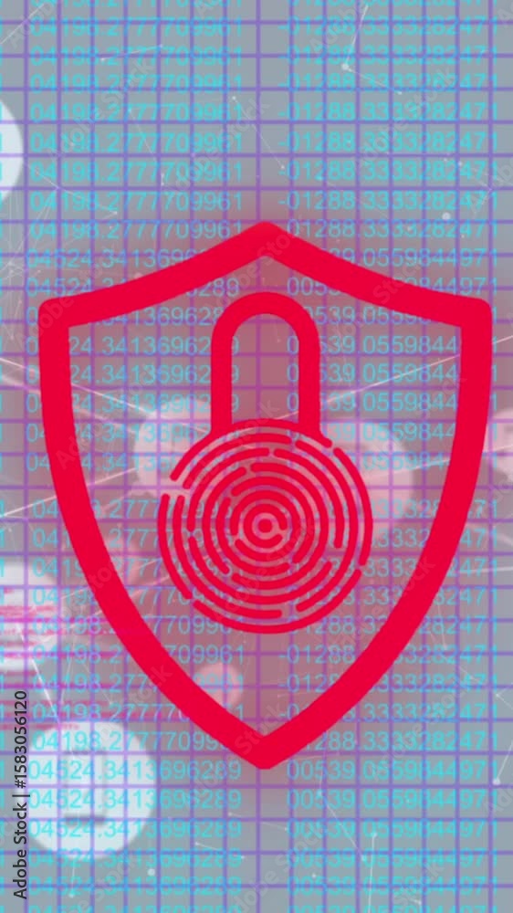 Poster animation of security padlock icon over network of digital icons and data processing