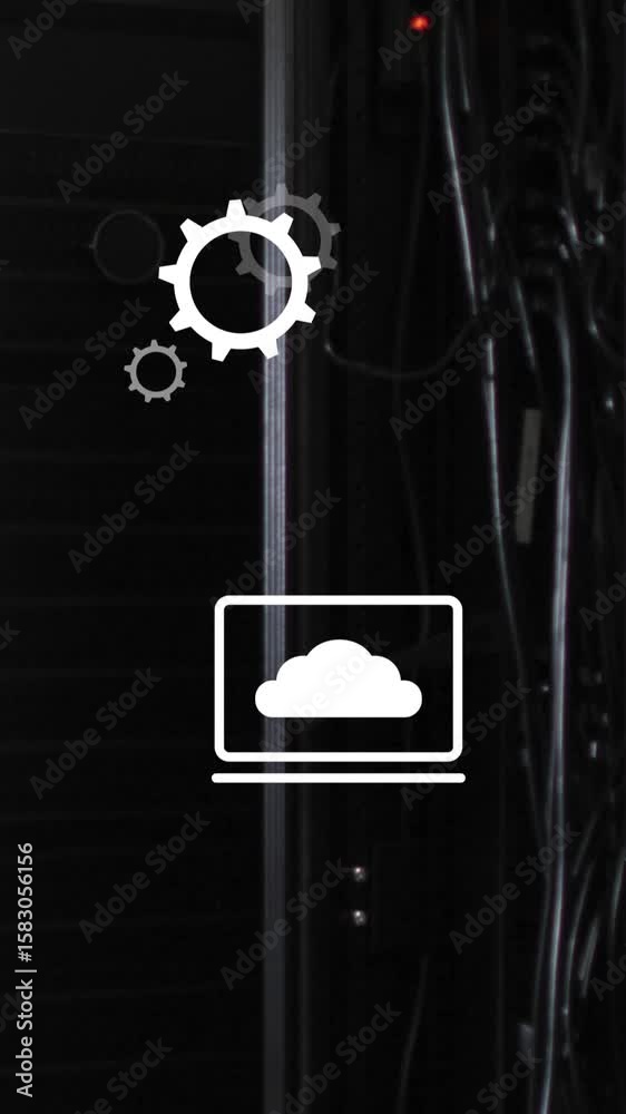 Poster animation of multiple digital icons floating against close up of a computer server