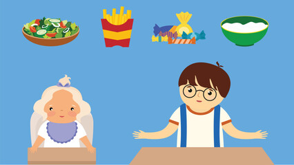 Boy with a plate of salad and a handful of candies. vector illustration in flat style.