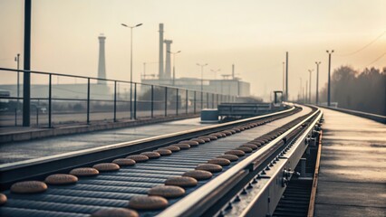 Industrial Conveyor Belt with Cookies in Early Morning Light at Factory Setting