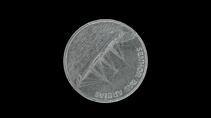 Cape Verde 1994 50 escudos coin reverse with Senhor das Areias ship design rotating on black background