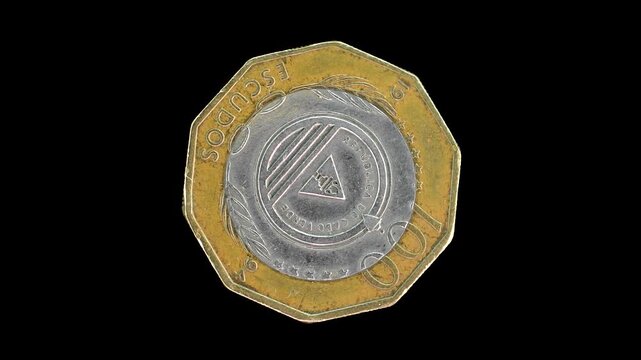 Cape Verde 1994 100 escudos coin obverse with national emblem rotating on black background